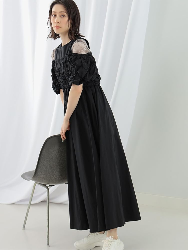 Ray BEAMS オフショルダーパフスリーブワンピース ブラック キルティング Ray BEAMS オフショルダーパフスリーブワンピース ブラック